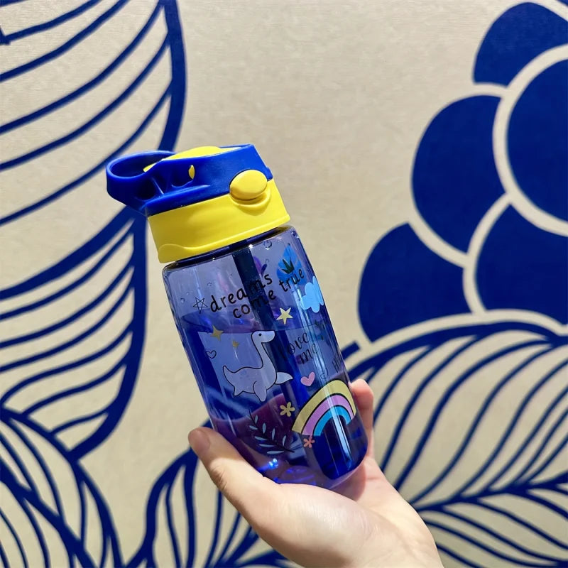 480ML Cute Water Bottle Durable 500ml Portable Water Bottle with Straw and Handle BPA-Free PC Material, Leak-Proof Sealable Lid
